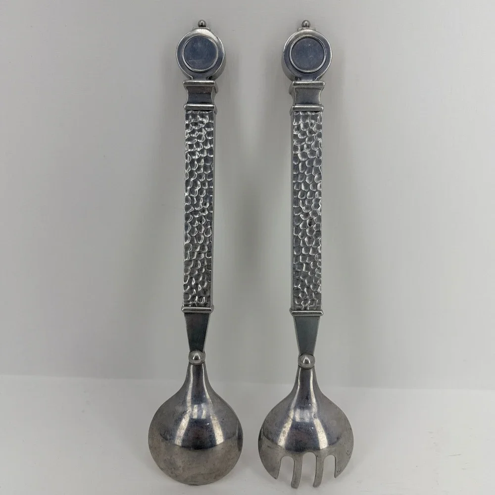 Vintage Salad Server Set Fork &‎ Spoon Silver Good Hammered Metal Artisanal